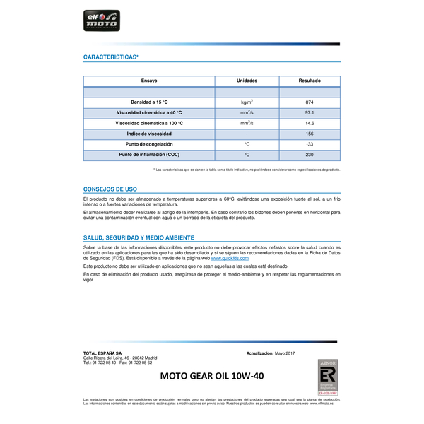 LUBRICANTES ELF . ELF MOTO GEAR OIL 2 10W40 MINERAL FORTIFIED (18B. 1L. C)
