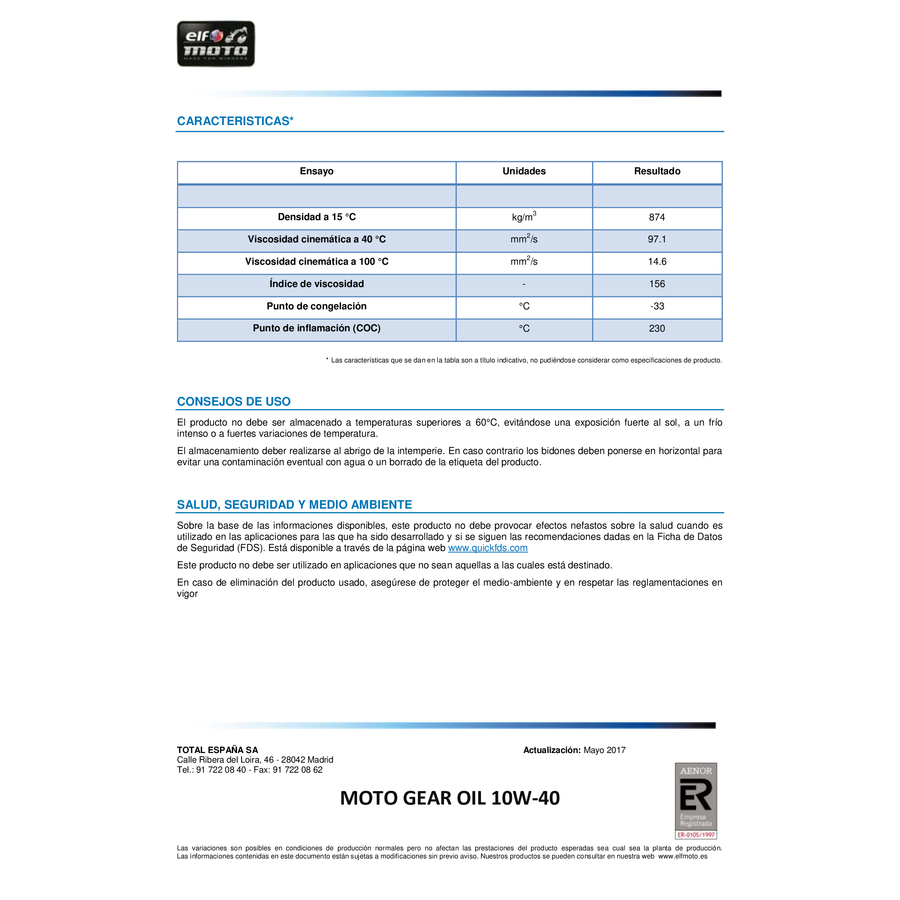 LUBRICANTES ELF . ELF MOTO GEAR OIL 2 10W40 MINERAL FORTIFIED (18B. 1L. C)